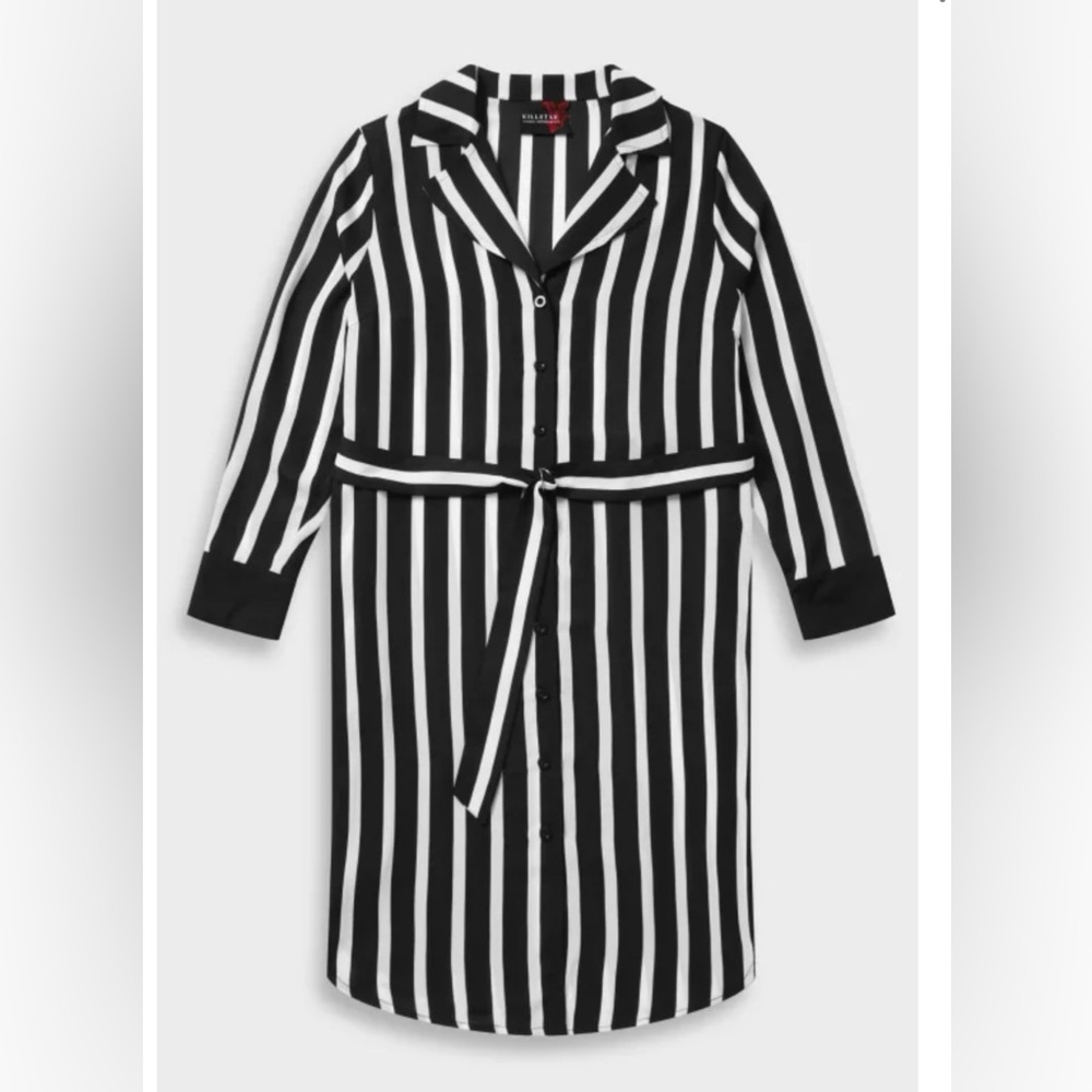 Killstar Black and White Vertical-Stripe Midi Shirt Dress